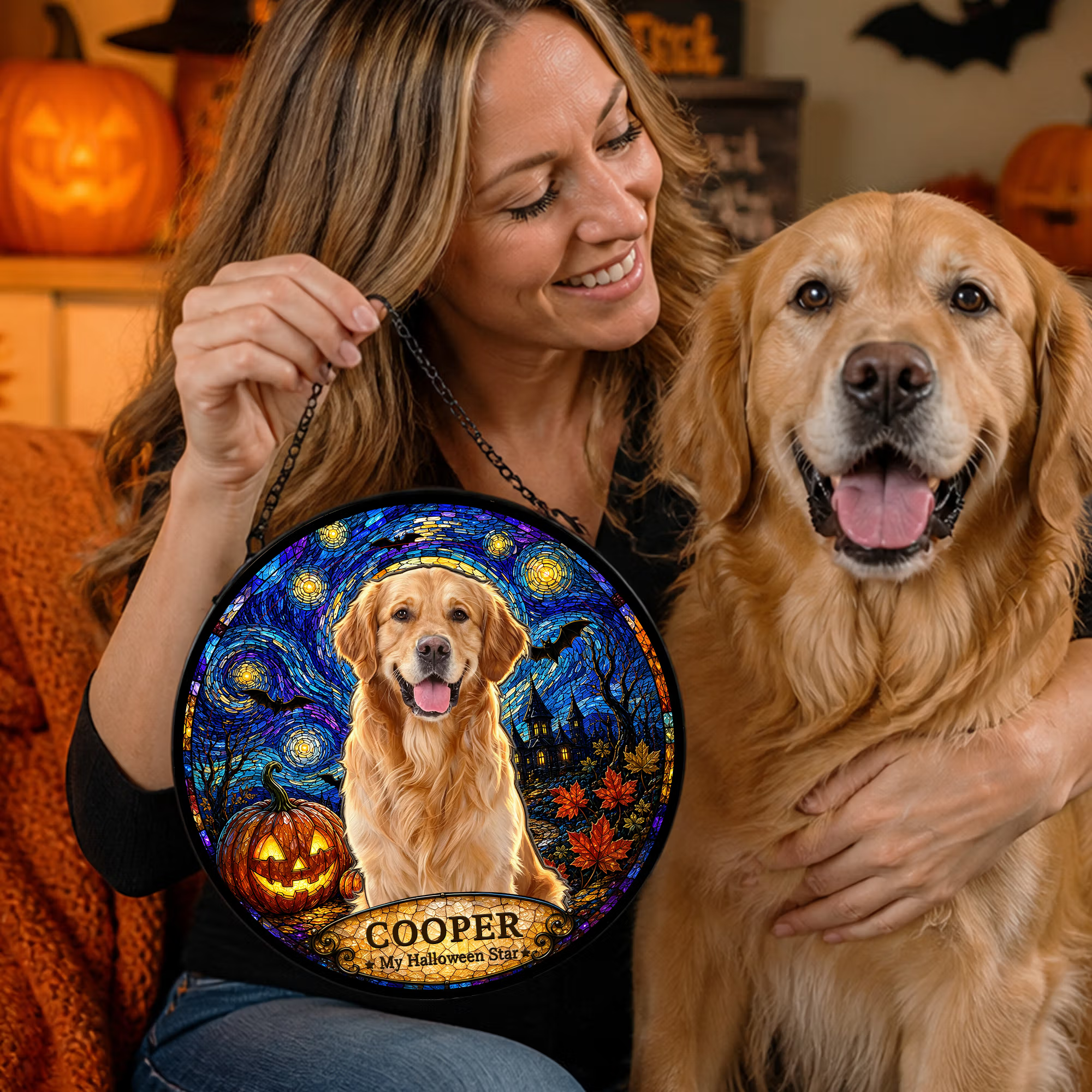 Personalized Stained Glass Style Van Gogh Art Pet Photo Window Hanging Suncatcher with Name Memorial Halloween Gift for Pet Owners