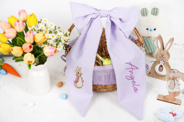 Personalized Seersucker Easter Basket Bow, Monogrammed Bunny Design, Easter Basket Decoration, Kids Gift, Spring Bunny Accessory