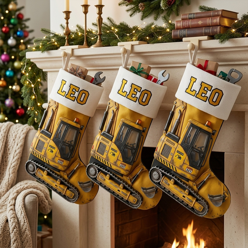 Personalized Construction Christmas Stocking Custom Name Yellow Excavator Truck Gift For Kids Toddler Boys Holiday Fireplace Mantel Decoration