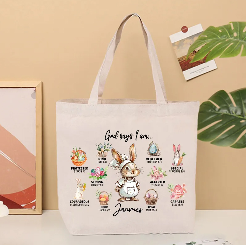 Personalized Rabbit Dream Job Cute Bunny God Said I Am Bible Tote Bag with Name and Canvas Pocket Easter Birthday Christian Gift for Christians