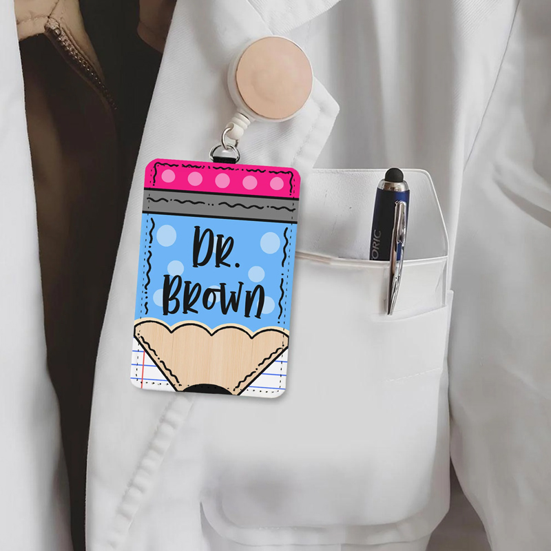 Personalized Polka Dots Pencil Design PU Leather ID Badge Holder with Text Back to School Teacher's Day Appreciation Gift for Teacher