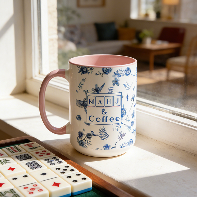 15 oz Mahjong Mug Blue and White Porcelain with Floral and Bird Motifs Gift for Mahjong Enthusiasts