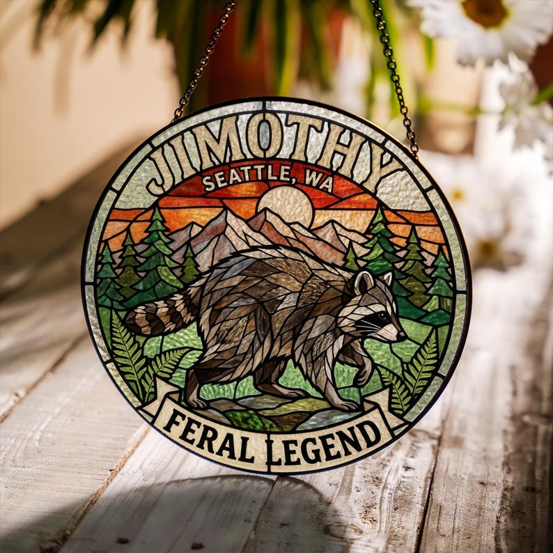 Raccoon Feral Legend Stained Glass Suncatcher Viral Seattle Meme Decor Cute Raccoon Ornament
