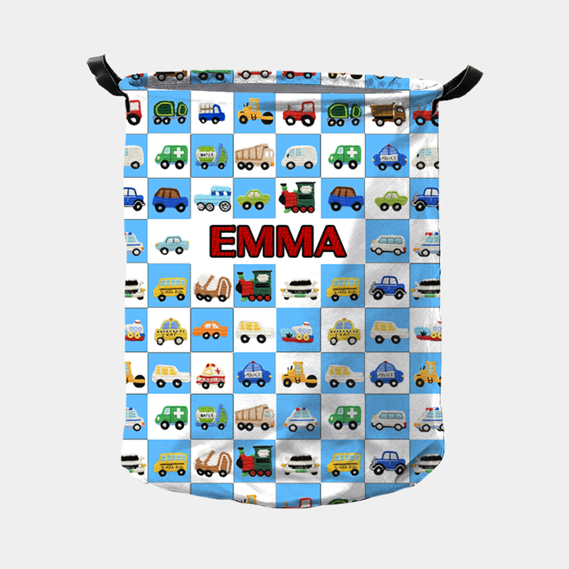 Personalized Cute Car Plaid Print Large Waterproof Laundry Storage Basket with Handle Custom Name Gift for Kids