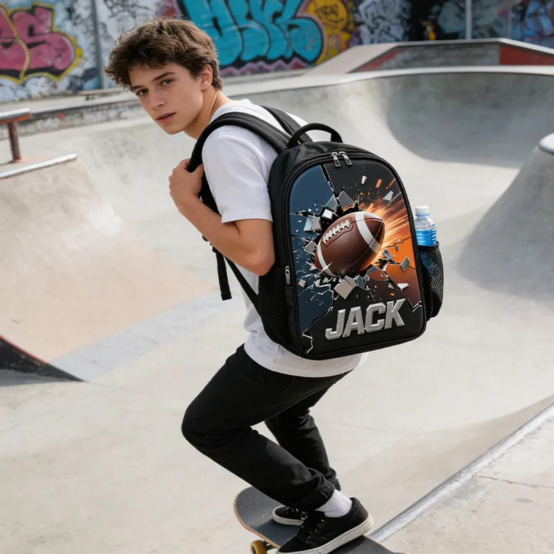 Personalized Football Backpack with Custom Name and Dynamic Design for Football Fans Black to School Gift