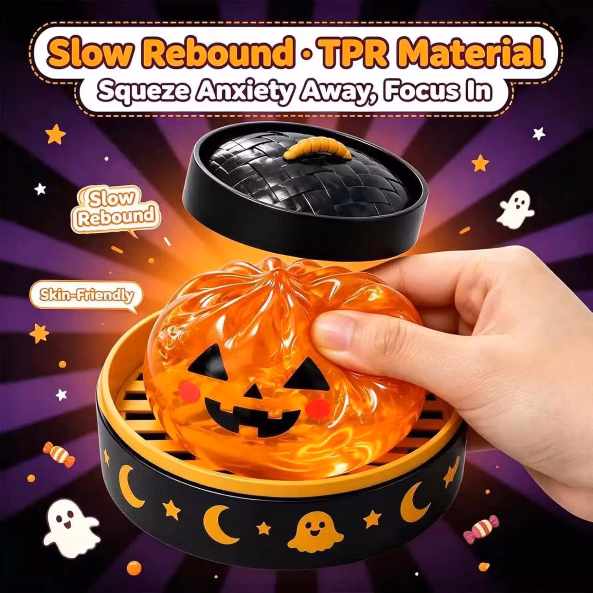 Halloween Mystery Glitter Dumpling Squishy Box Set Ghost Pumpkin Eyeball Design Soft Stress Relief Fidget Toy Party Favor Gift