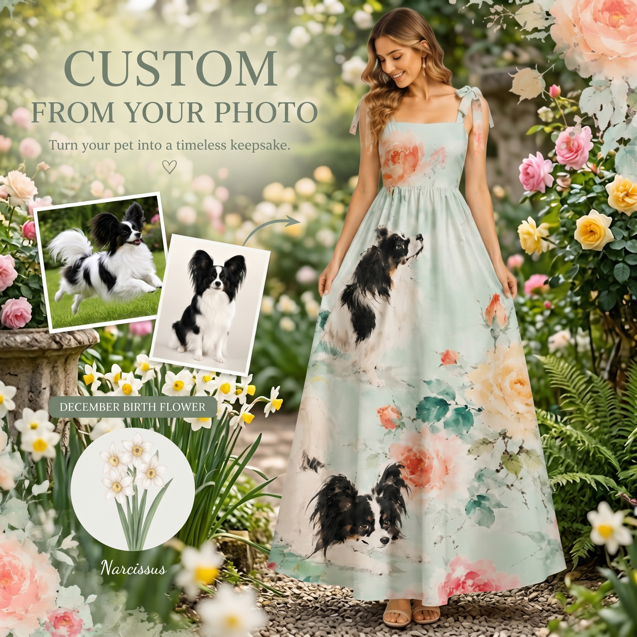 Personalized Floral Maxi Dress Watercolor Print with Custom Birth Flower and Pet Gift for Flowers and Pet Lovers