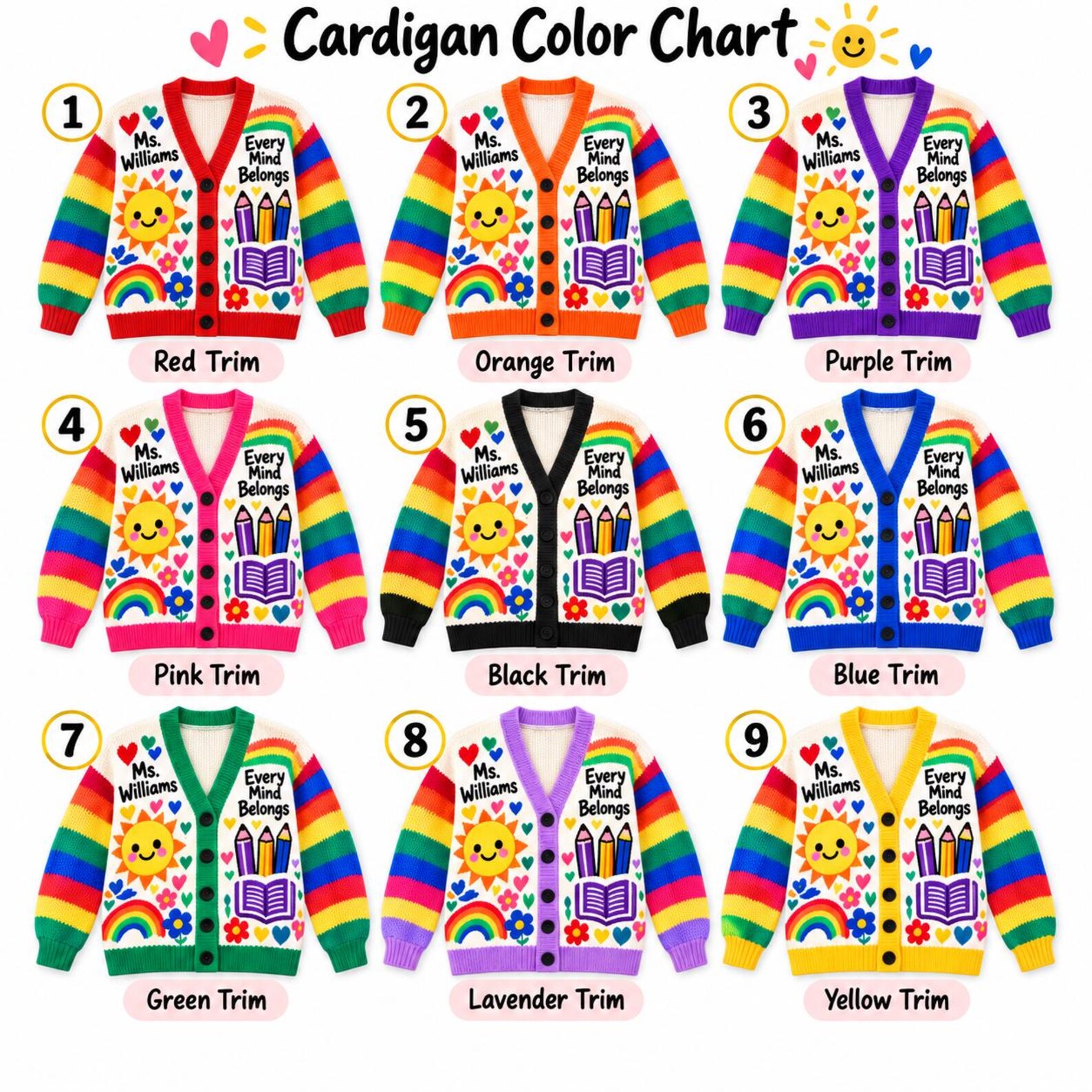 Personalized Teacher Cardigan Custom Name Rainbow Fall Sweater