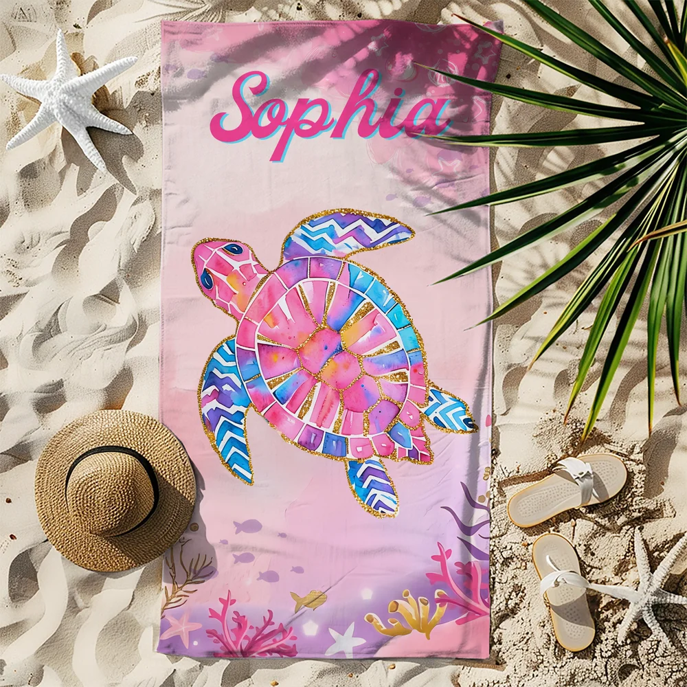 Personalized Watercolor Ocean Animals Oversized Quick Dry Beach Towel with Name Summer Vacation Accessory Birthday Gift for Family Friends