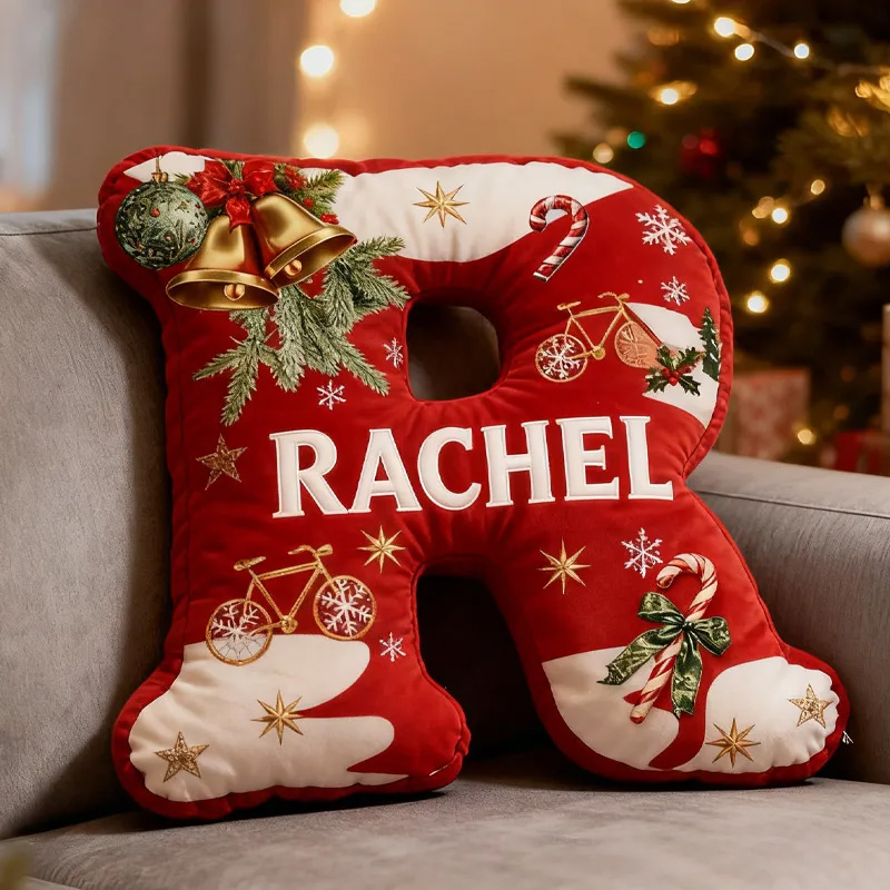 Personalized Red Christmas Letter Pillow Custom Name Festive Decor with Bicycle Snowflake Christmas Gifts for Family Graphic 3D Print Cycling Riding Lovers Sale-megacustom