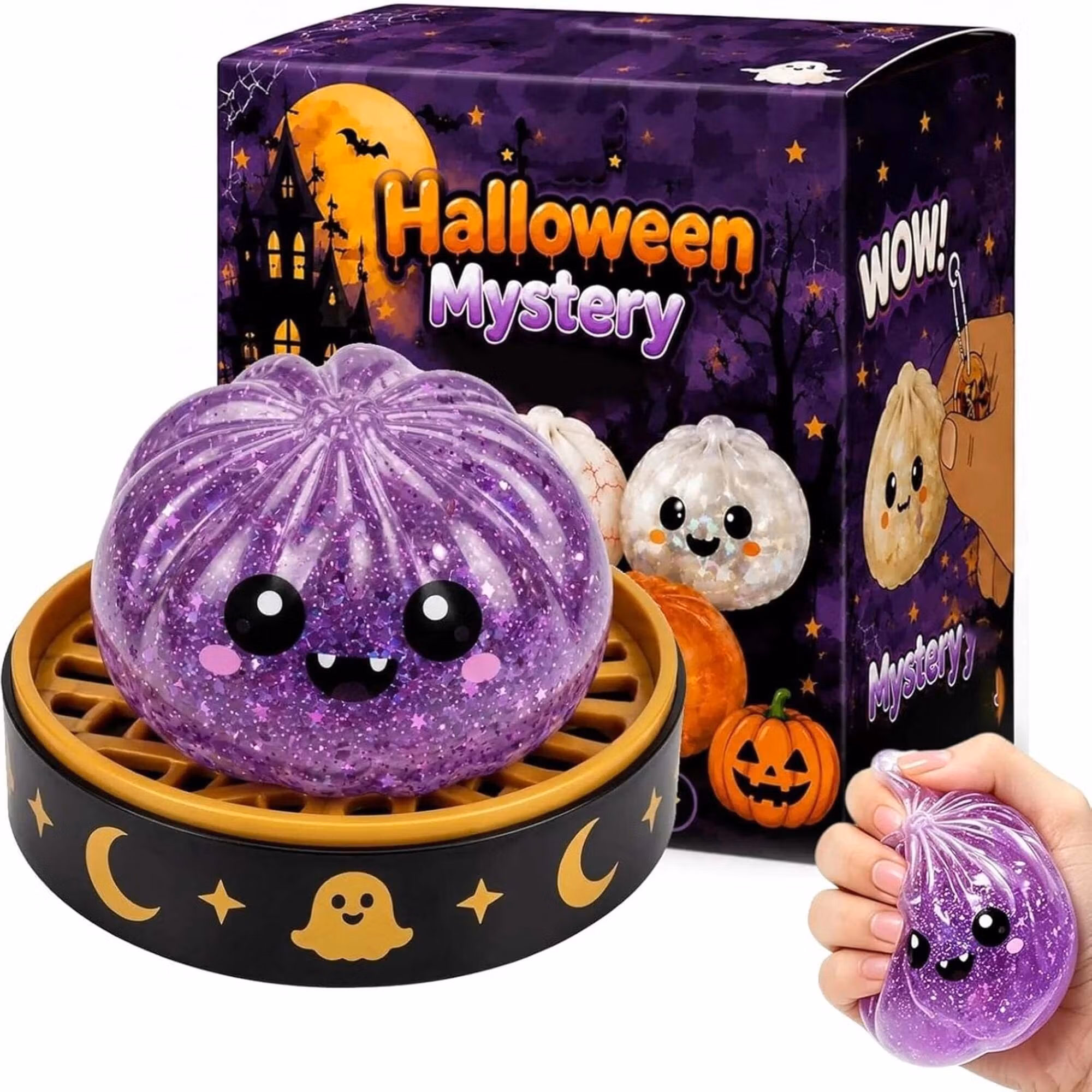 Halloween Mystery Glitter Dumpling Squishy Box Set Ghost Pumpkin Eyeball Design Soft Stress Relief Fidget Toy Party Favor Gift