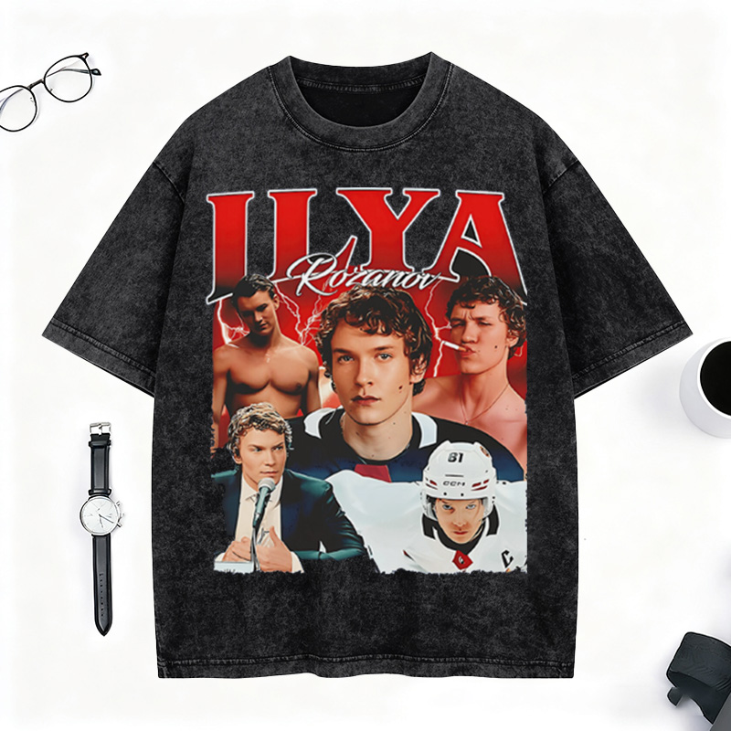 Personalized Ice Hockey Fans Washed T-Shirt with Custom Red Lightning Image Gift for Fans
