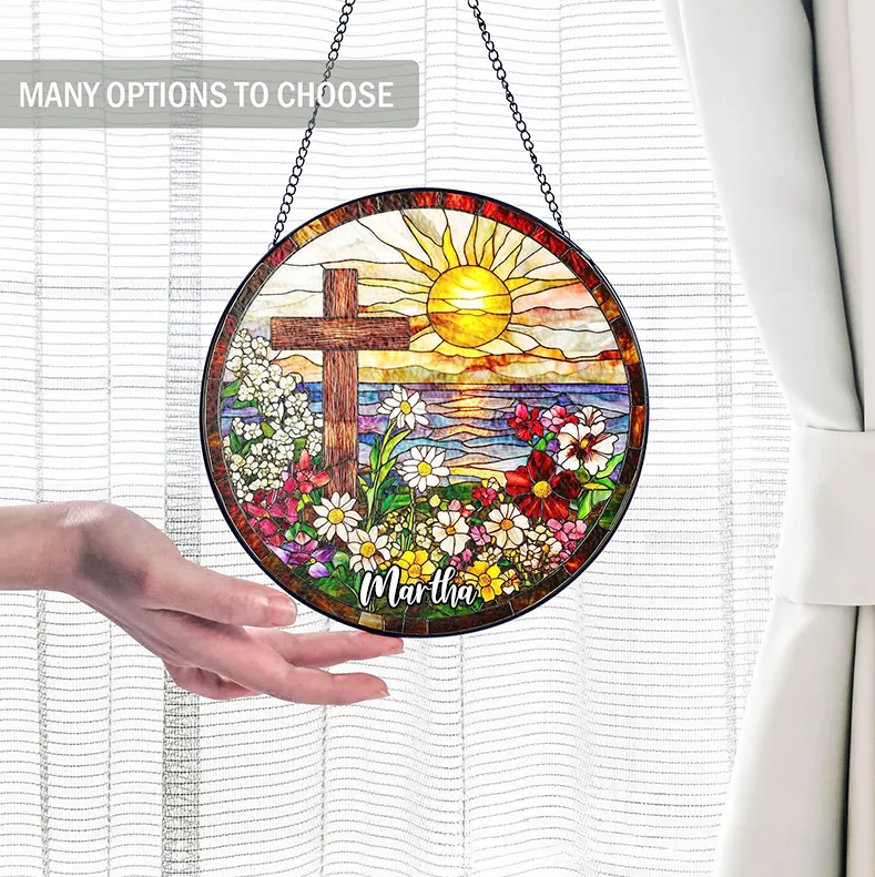 Personalized Cross Wildflowers Stained Glass Suncatcher Ornament with Name Window Balcony Hanging Decor Home Decor Religious Faith Gift