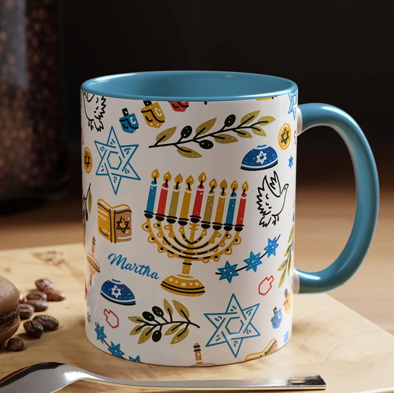 Personalized Hanukkah Menorah Ceramic Mug with Name Chanukah Coffee Mug Religious Gift Happy Hanukkah Gift for Jewish people Hanukkah