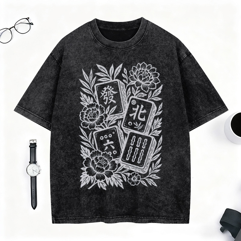 Retro Mahjong Floral Washed T-Shirt Gift for Mahjong Lovers