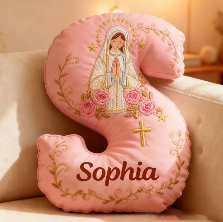 Personalized Virgin Mary Pink Letter Pillow with Custom Name Catholic Home Decor Religious Gift for Her Catholic Gift for Women Graphic 3D Print Pillow