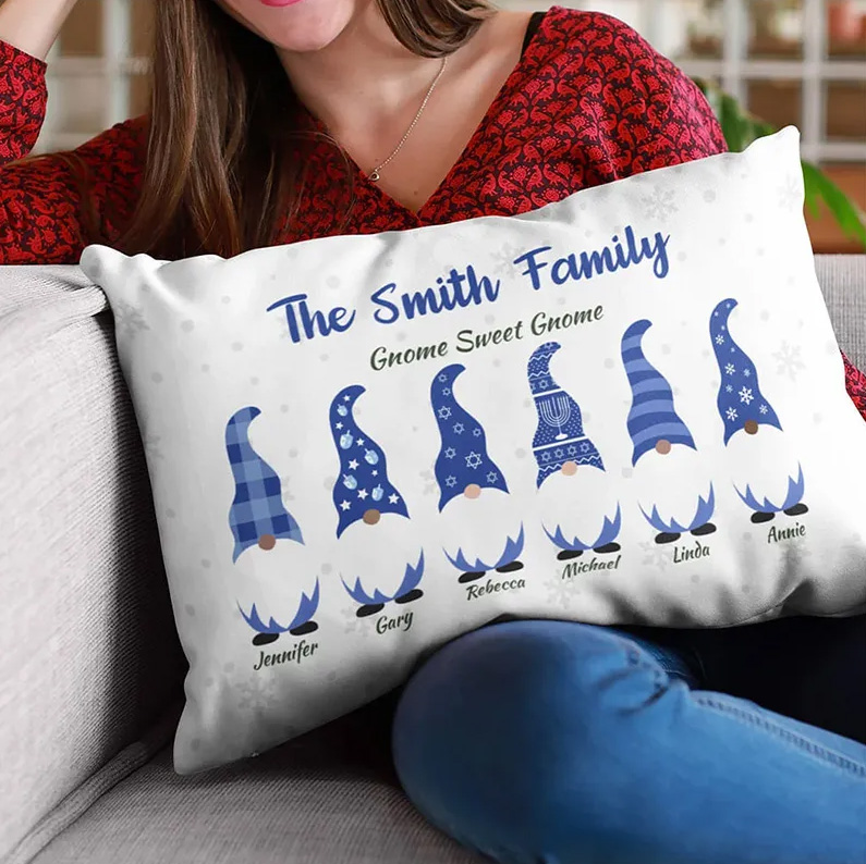 Personalized Cute Hanukkah Gnome Family Throw Pillow Cover with 1-8 Names Happy Hanukkah Gift for Jewish Family