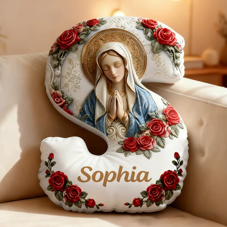 Personalized Our Lady Virgin Mary Letter Pillow with Custom Name Religious Home Decor Catholic Prayer Gift for Her Rose Graphic 3D Print Pillow