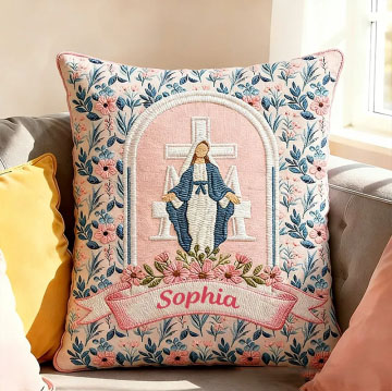 Personalized Virgin Mary Floral Pillow with Custom Name Home Decor Religious Gift Catholic Gift for Her Cross and Marian Graphic 3D Print Pillow