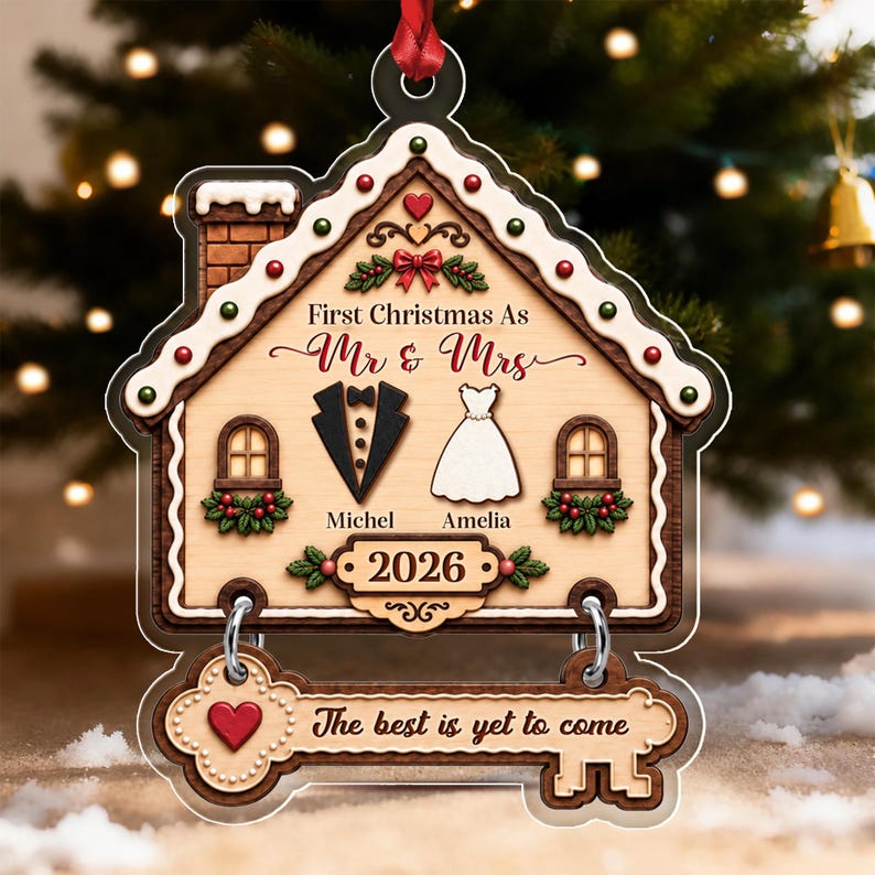Personalized First Christmas As Mr & Mrs Married Ornament, Gingerbread House Acrylic 2D Flat