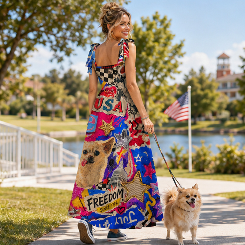 Personalized USA Independence Day Maxi Dress Colorful Graffiti Collage with Custom Photo and Name for USA 250th Anniversary