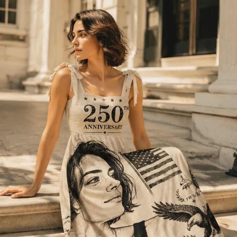 Personalized American 250th Anniversary Maxi Dress Retro Style Spaghetti Strap Custom Photo for Independence Day