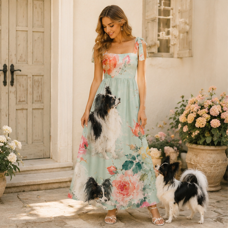 Personalized Floral Maxi Dress Watercolor Print with Custom Birth Flower and Pet Gift for Flowers and Pet Lovers