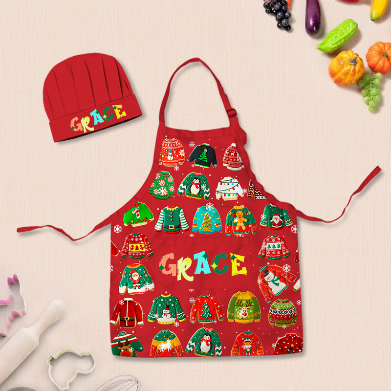 Personalized Ugly Sweater Baking Cookies Adjustable Kid Apron Chef Hat Set with Pocket and Name for Christmas Baking Birthday Holiday Gift for Kids