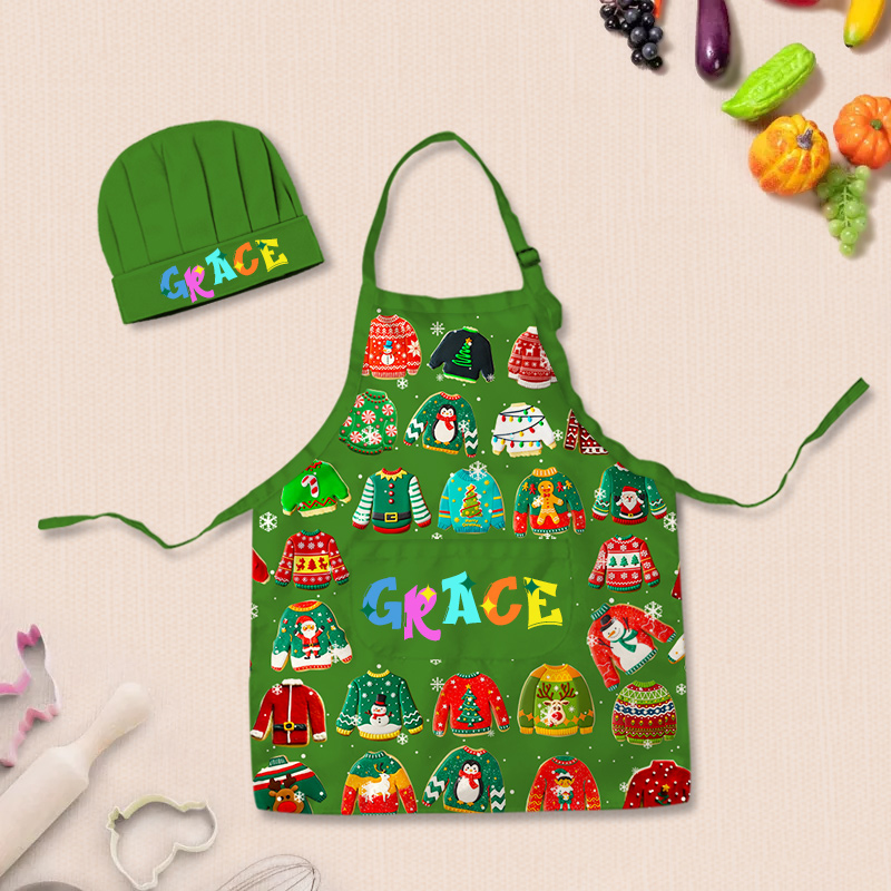 Personalized Ugly Sweater Baking Cookies Adjustable Kid Apron Chef Hat Set with Pocket and Name for Christmas Baking Birthday Holiday Gift for Kids