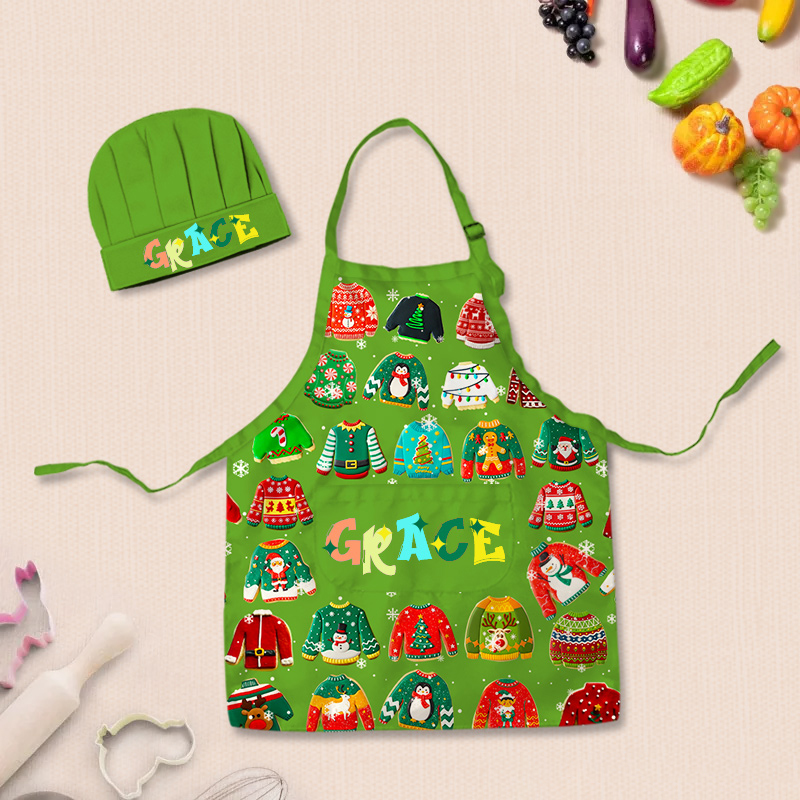 Personalized Ugly Sweater Baking Cookies Adjustable Kid Apron Chef Hat Set with Pocket and Name for Christmas Baking Birthday Holiday Gift for Kids
