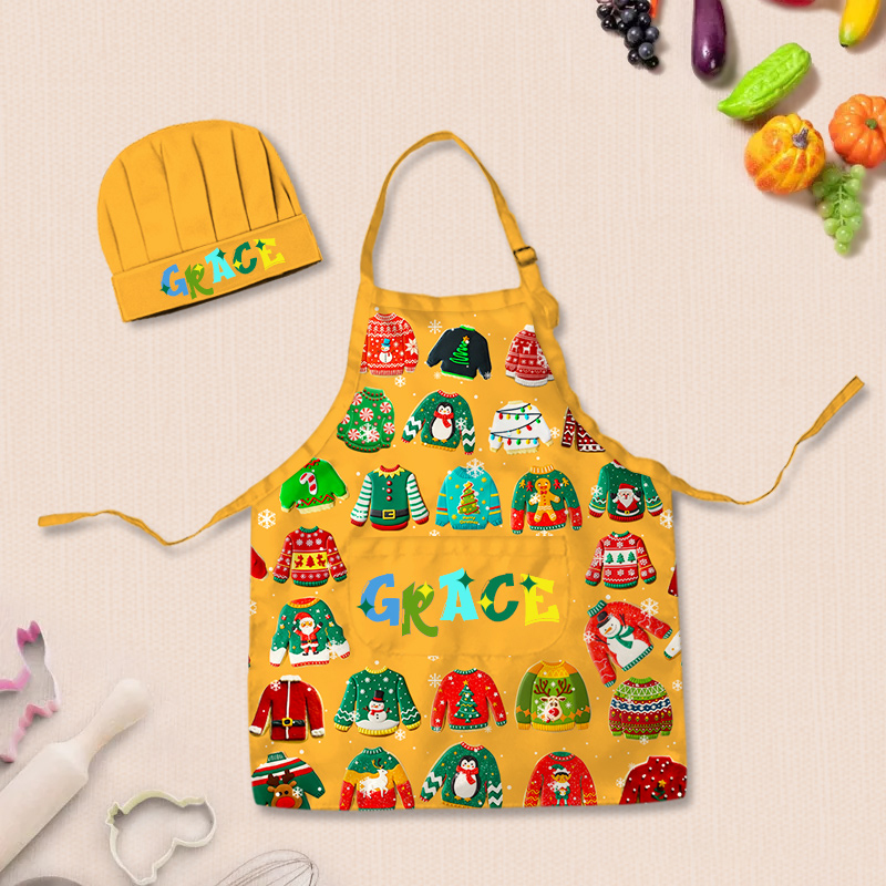 Personalized Ugly Sweater Baking Cookies Adjustable Kid Apron Chef Hat Set with Pocket and Name for Christmas Baking Birthday Holiday Gift for Kids