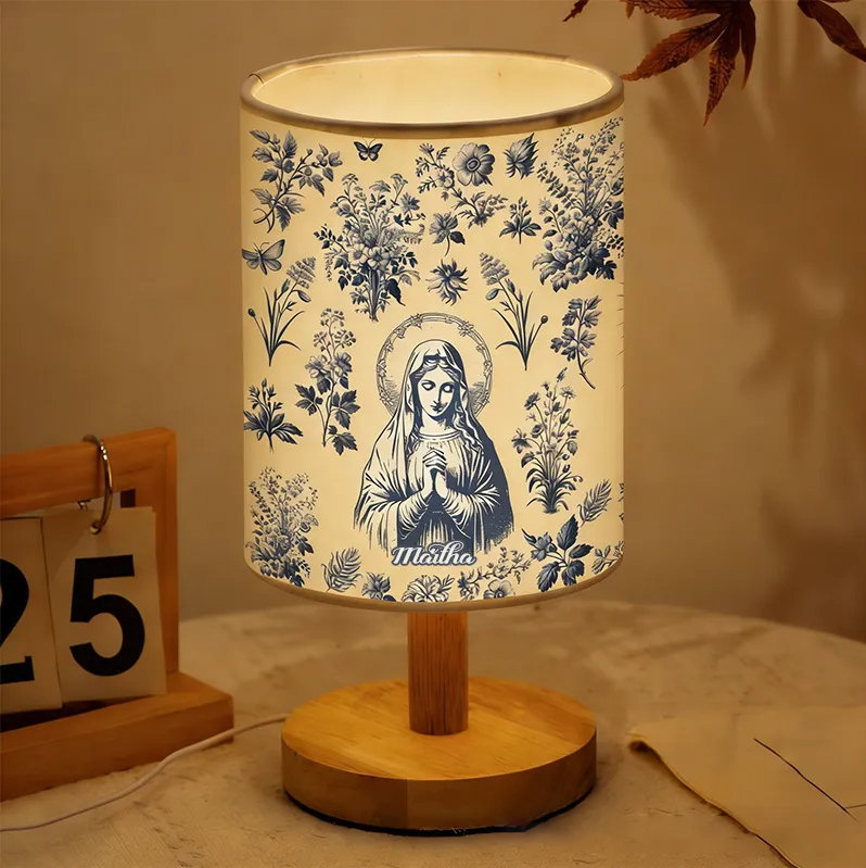 Personalized Catholic Virgin Mary Toile Fabric Lamp with Custom Name Our Lady Vintage Floral Home Decor Table Lamp Catholic Gift for her