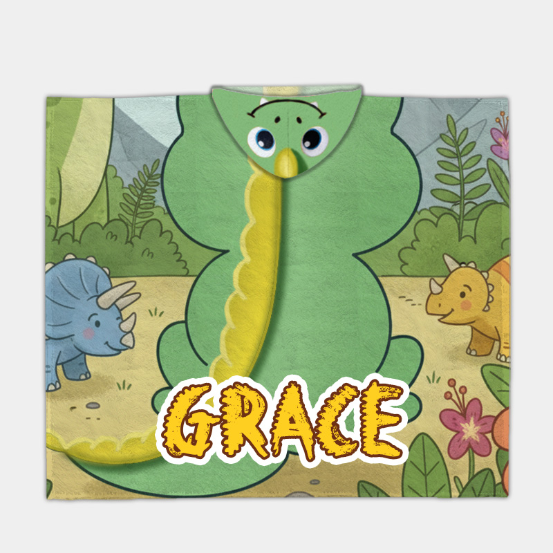 Personalized Imaginative Dinosaur Adventure Hooded Blanket Custom Name Practical Fun Gift for Kids Indoor Outdoor