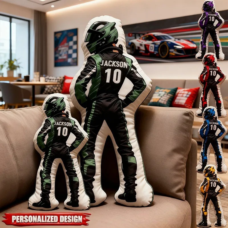 Personalized Racing Driver Shaped Pillow Custom Name and Number Race Suit Cushion Gift for Racing and Motorsport Lovers