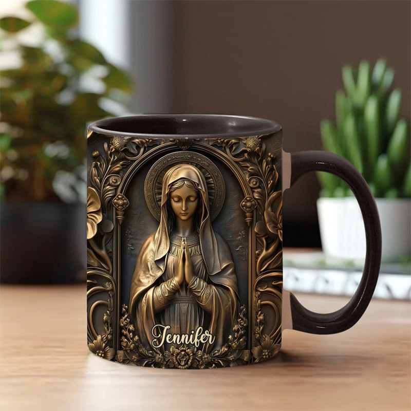 Personalized Vintage Virgin Mary Ceramic Mug with Name Religious Inspirational Gift Catholic Gift for Women