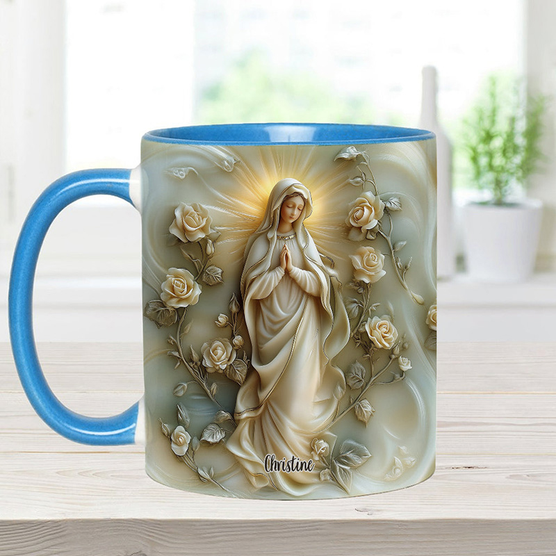 Personalized Virgin Mary Floral Ceramic Mug with Name Religious Inspirational Gift Catholic Gift for Women