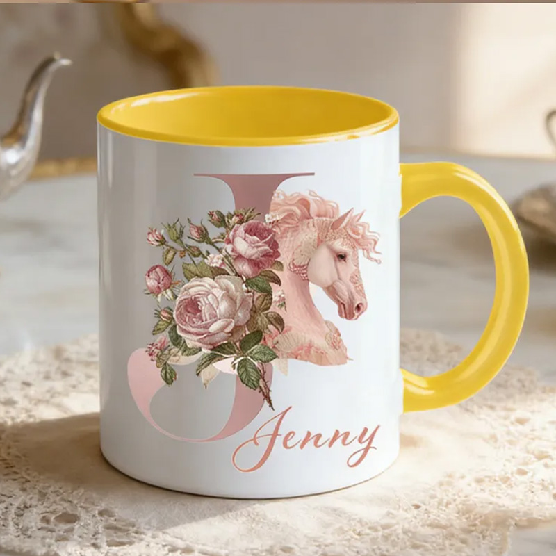 Personalized Initials 26 Letter Equestrian Mug Pink Flowers Horse Coffee Gift for Riding Lovers Equestrian Lovers