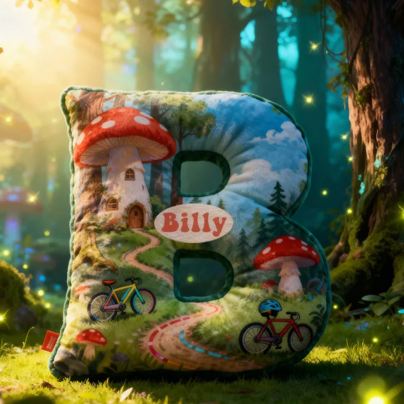 Personalized Forest Mushroom Bicycle Adventure Letter Pillow Custom Name Festive Decor with Bicycle Adventure Gifts for Family Graphic 3D Print Cycling Riding Lovers