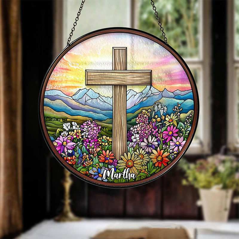 Personalized Cross Wildflowers Stained Glass Suncatcher Ornament with Name Window Balcony Hanging Decor Home Decor Religious Faith Gift