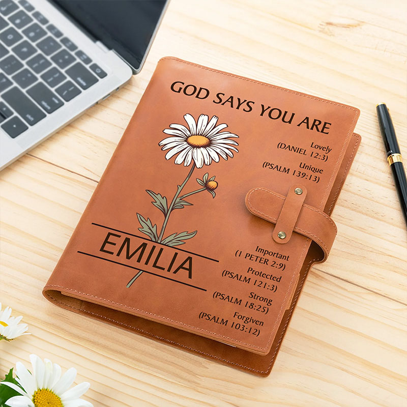Personalized God Says you are Birth Flower PU Leather Notebook Cover with Name Religious Gift Birthday Gift for Christian