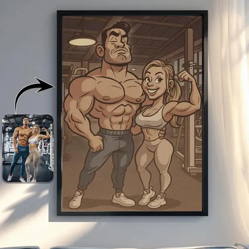 Personalized Gym Lover Couple Portrait Fitness Gifts Cartoon Weightlifter Portrait Bodybuilding Poster Fitness Gym Weightlifting Gym Gift ideas for Gym Lovers