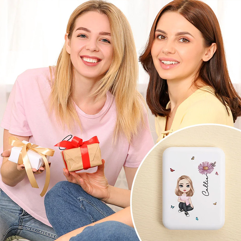 Personalized Cartoon Character Portable LED Double-Sided Compact Makeup Mirror with Birth Flower and Name Birthday Bridesmaid Gift for Women
