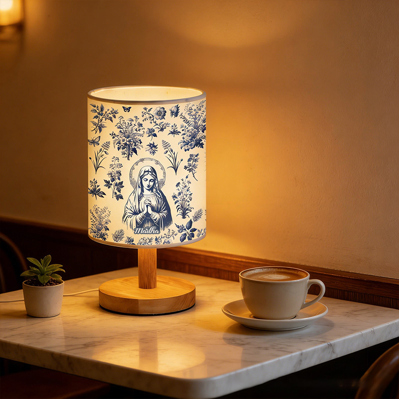 Personalized Catholic Virgin Mary Toile Fabric Lamp with Custom Name Our Lady Vintage Floral Home Decor Table Lamp Catholic Gift for her