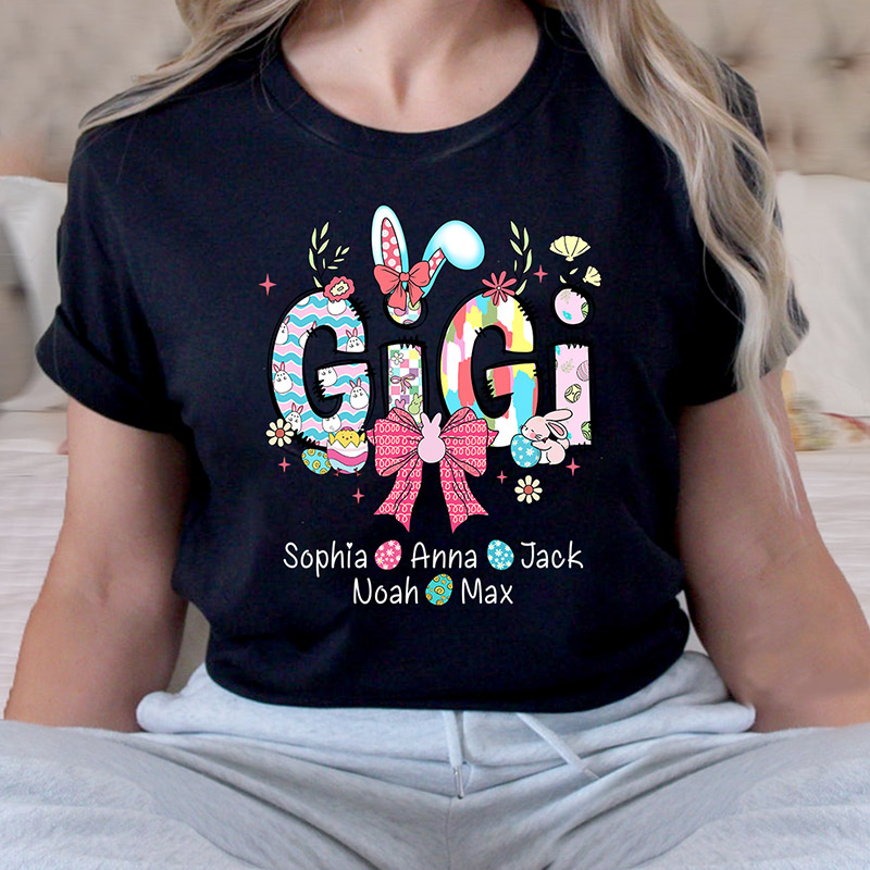 Personalized Gigi Easter Shirt with Grandkids Names, Cute Bunny Spring Family Tee Easter Gift for Grandma