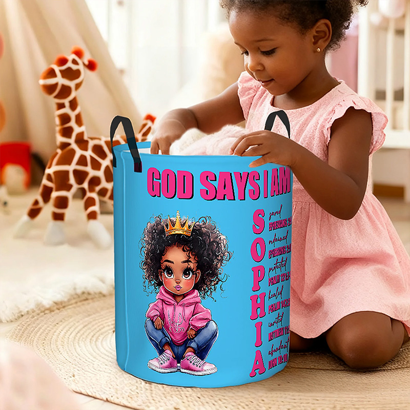 Personalized Cartoon Black Girl Bible Verse Name Storage Basket with Name Laundry Decor Daily Use Religious Gift for Girl