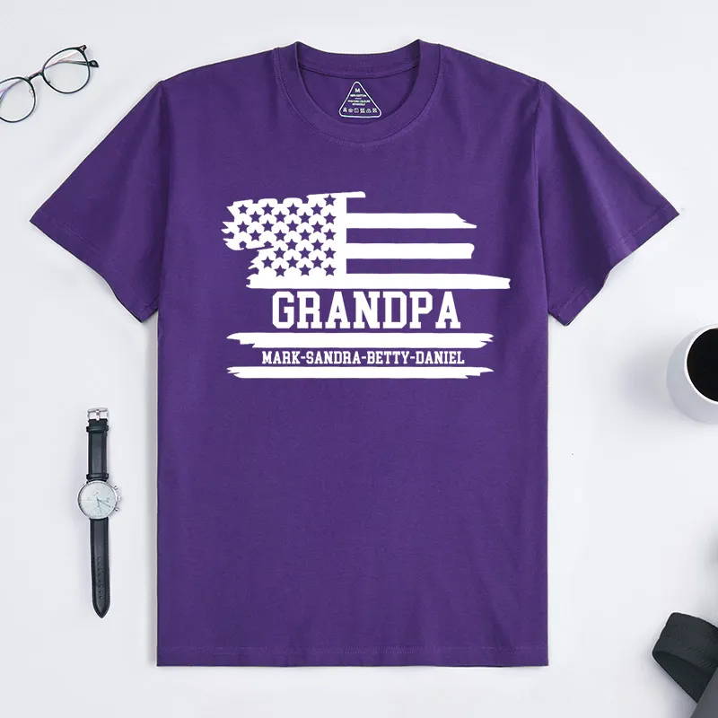 Personalized Grandpa Flag T-Shirt with Grandkids Names Gift for Grandfather Father's Day Birthday Comfortable Cotton Shirt for Men