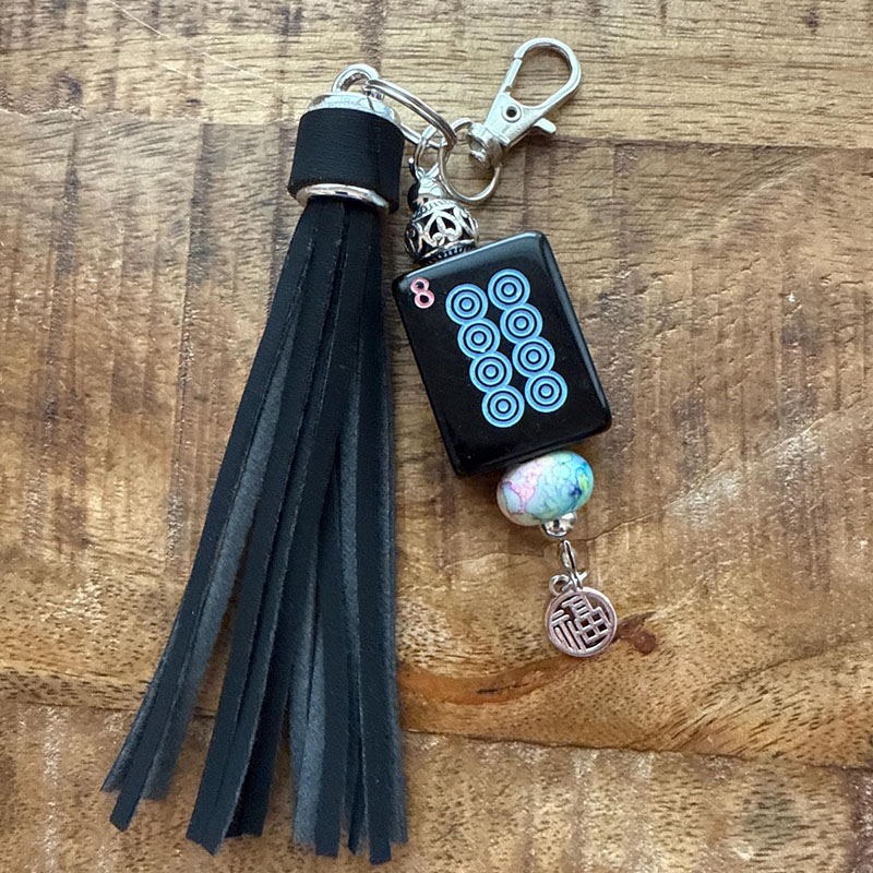Handmade Mahjong Tile Bag Charm with Tassel Mixed Beads Mahjong Tile Keychain