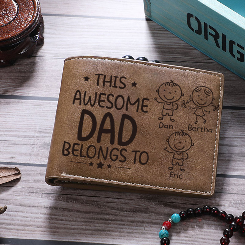 Personalised Doll Engraved Leather Men's Wallet Custome Name Folding Wallet With Kids Name for Dad Father's Day Gift