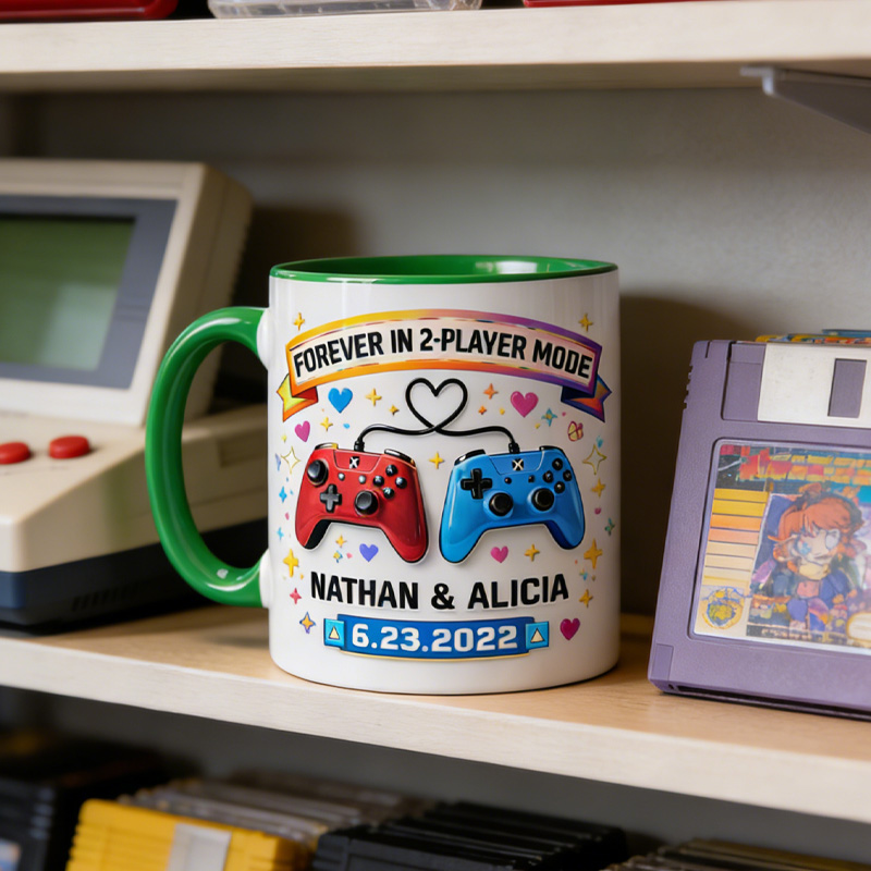 Personalized Gamer Player Two Couple Coffee Mug Gaming Controller Mug with Names and Date for Geek Lover