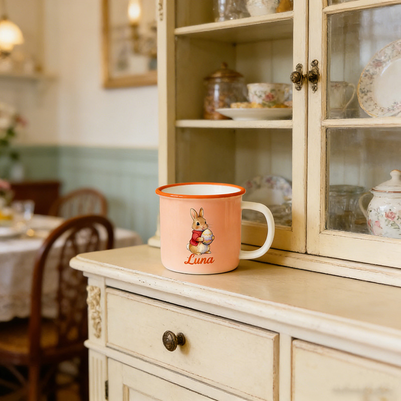 Personalized Cute Easter Egg Rabbit Bunny Enamel Mug with Name Back to School Birthday Easter Gift for Kids